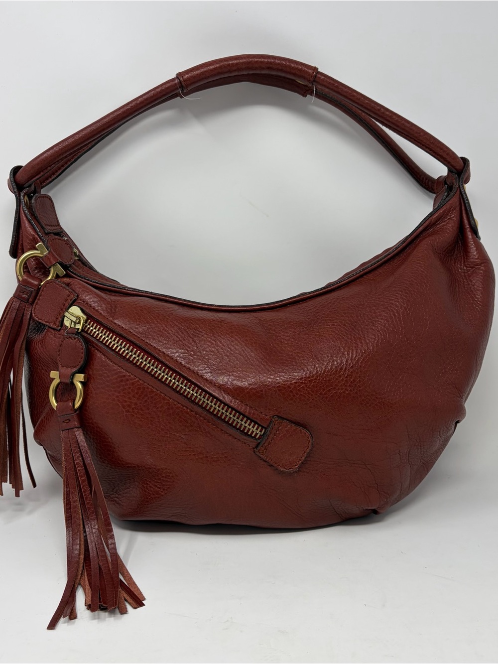 Salvatore Ferragamo Half Moon Gancini Leather Tassel Hobo Bag y2K